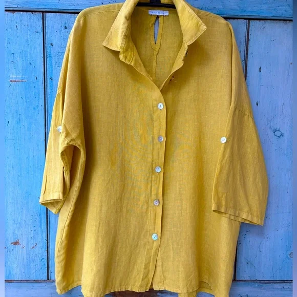 Made in Italy 100% Linen Women's Shirt in Mustard - Picture 4 of 13